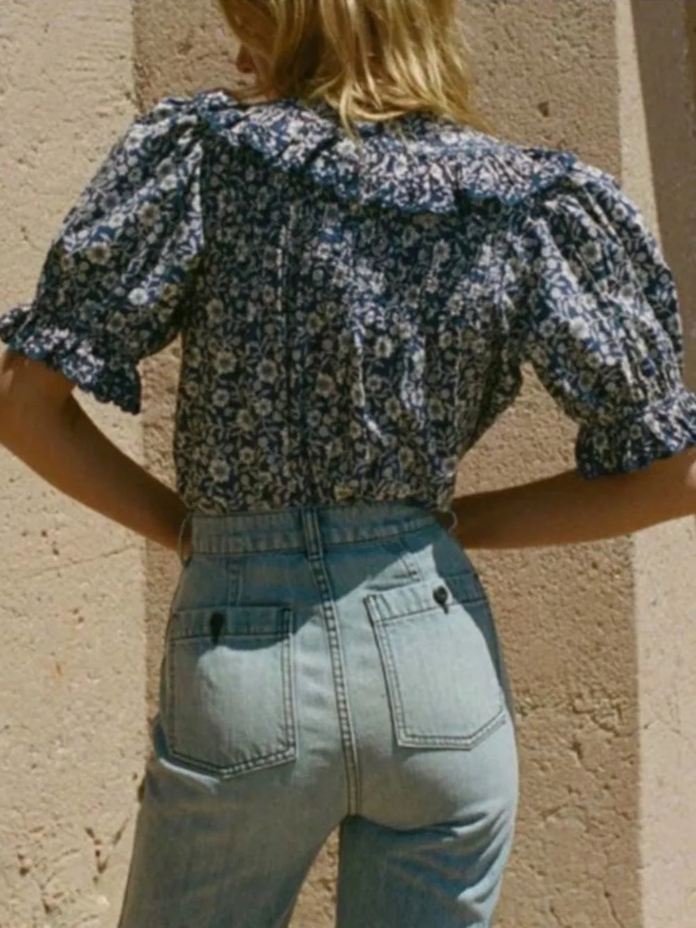 DÔEN Quincy Eyelet Collar Top in Blue Jessamine Calico - XS